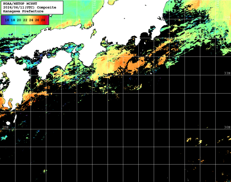 NOAA、MetOp 人工衛星画像 検索結果, 水温分布を図示
