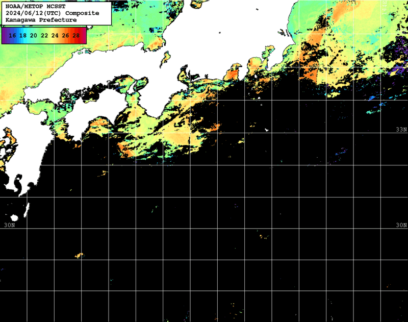 NOAA、MetOp 人工衛星画像 検索結果, 水温分布を図示