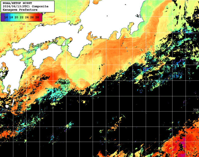 NOAA、MetOp 人工衛星画像 検索結果, 水温分布を図示