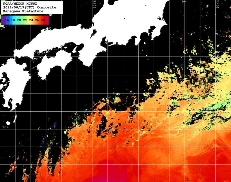 NOAA、MetOp 人工衛星画像 検索結果, 水温分布を図示