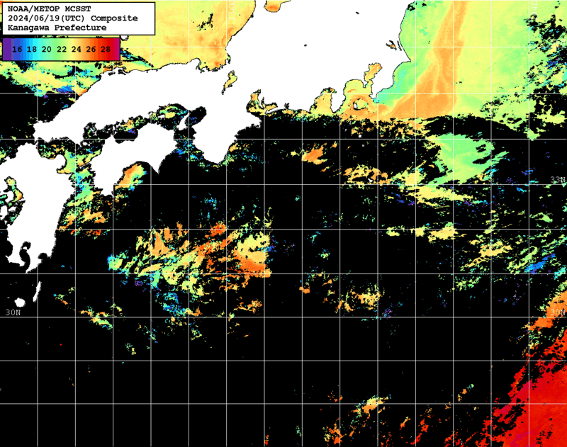 NOAA、MetOp 人工衛星画像 検索結果, 水温分布を図示