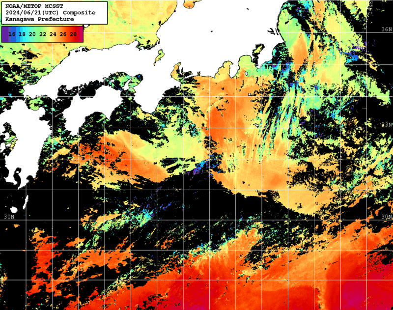 NOAA、MetOp 人工衛星画像 検索結果, 水温分布を図示