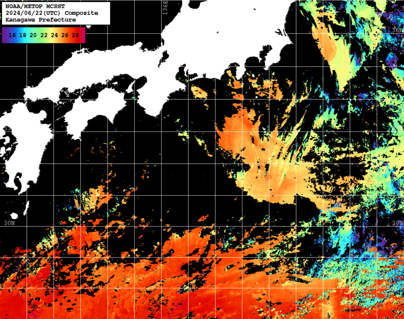 NOAA、MetOp 人工衛星画像 検索結果, 水温分布を図示