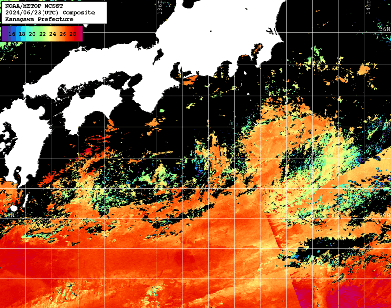 NOAA、MetOp 人工衛星画像 検索結果, 水温分布を図示