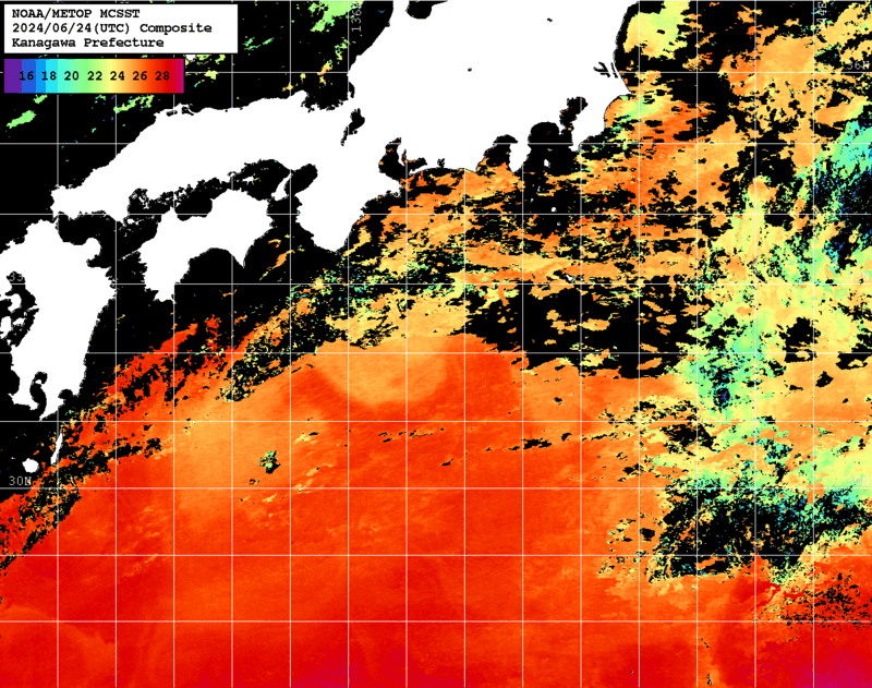 NOAA、MetOp 人工衛星画像 検索結果, 水温分布を図示