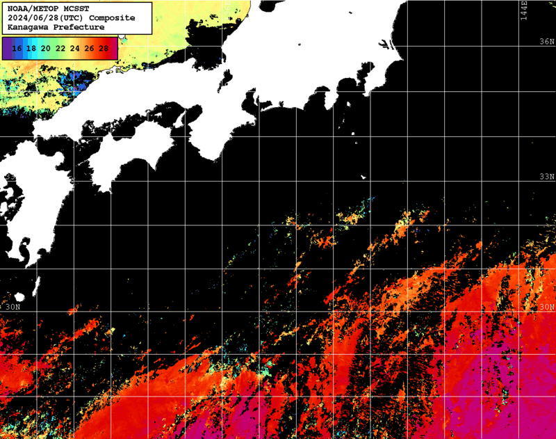 NOAA、MetOp 人工衛星画像 検索結果, 水温分布を図示