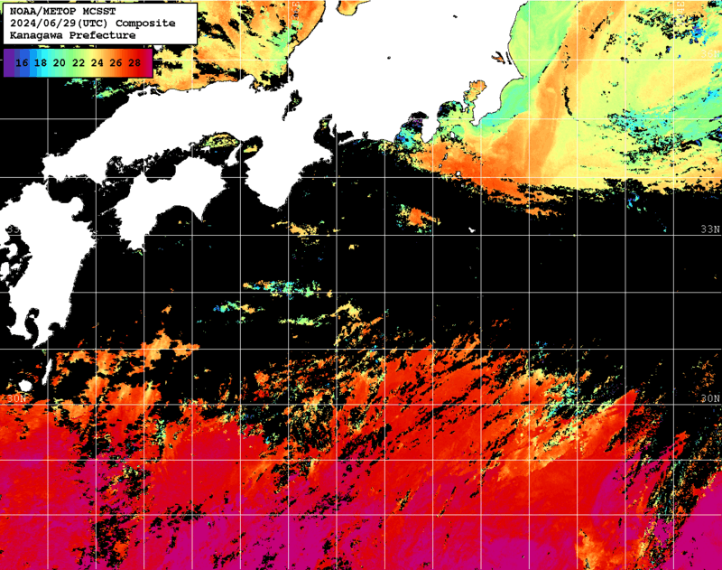 NOAA、MetOp 人工衛星画像 検索結果, 水温分布を図示