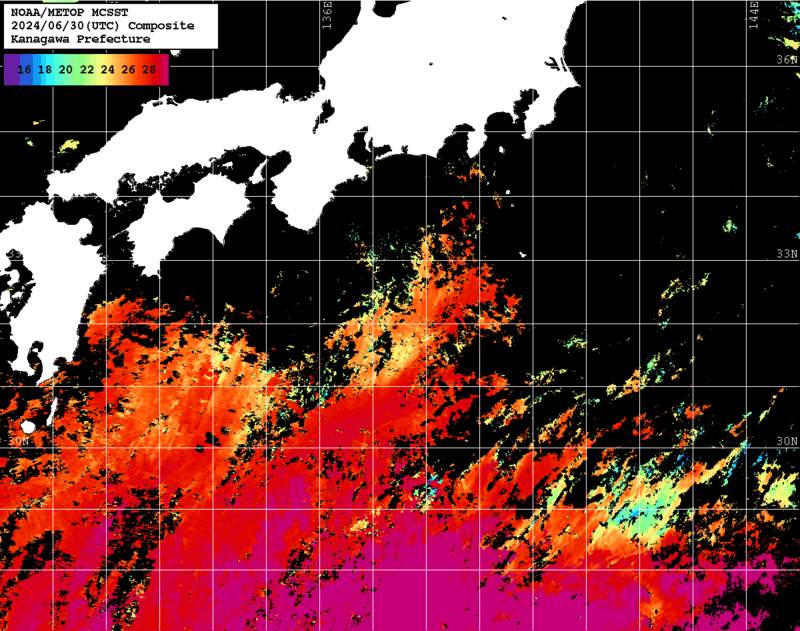 NOAA、MetOp 人工衛星画像 検索結果, 水温分布を図示