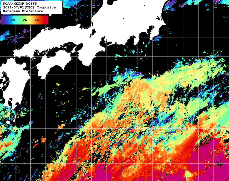 NOAA、MetOp 人工衛星画像 検索結果, 水温分布を図示