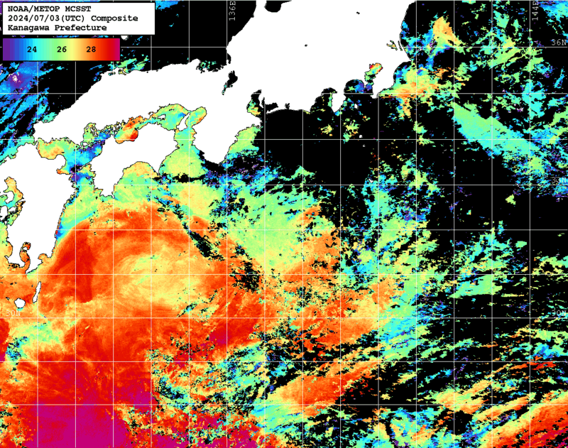 NOAA、MetOp 人工衛星画像 検索結果, 水温分布を図示
