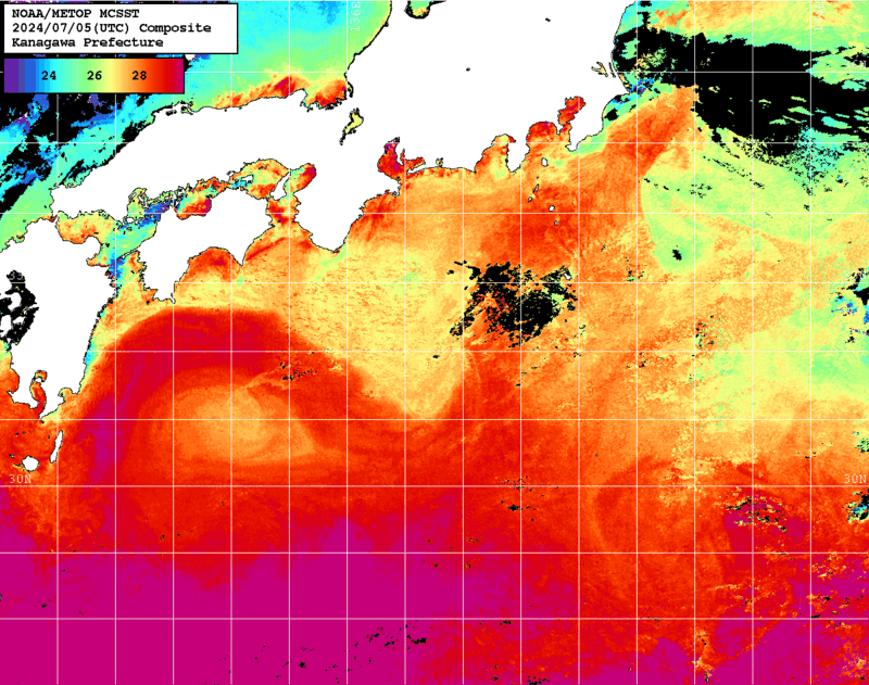 NOAA、MetOp 人工衛星画像 検索結果, 水温分布を図示