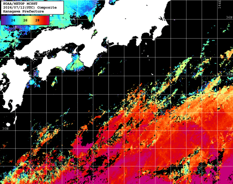 NOAA、MetOp 人工衛星画像 検索結果, 水温分布を図示
