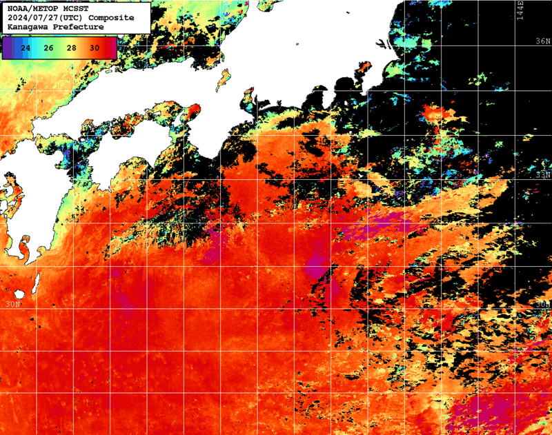 NOAA、MetOp 人工衛星画像 検索結果, 水温分布を図示