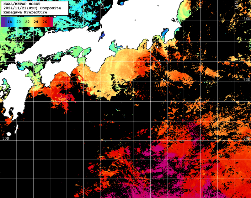 NOAA、MetOp 人工衛星画像 検索結果, 水温分布を図示