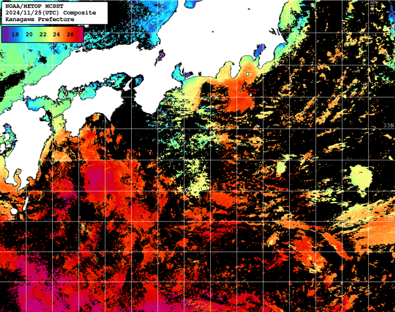 NOAA、MetOp 人工衛星画像 検索結果, 水温分布を図示