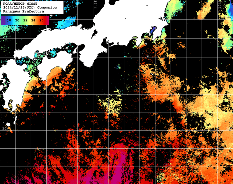 NOAA、MetOp 人工衛星画像 検索結果, 水温分布を図示