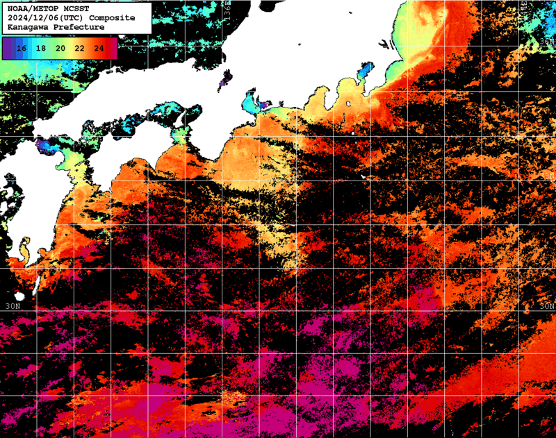 NOAA、MetOp 人工衛星画像 検索結果, 水温分布を図示