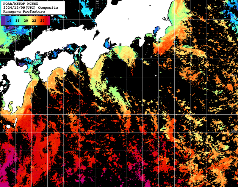 NOAA、MetOp 人工衛星画像 検索結果, 水温分布を図示