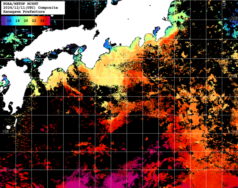 NOAA、MetOp 人工衛星画像 検索結果, 水温分布を図示