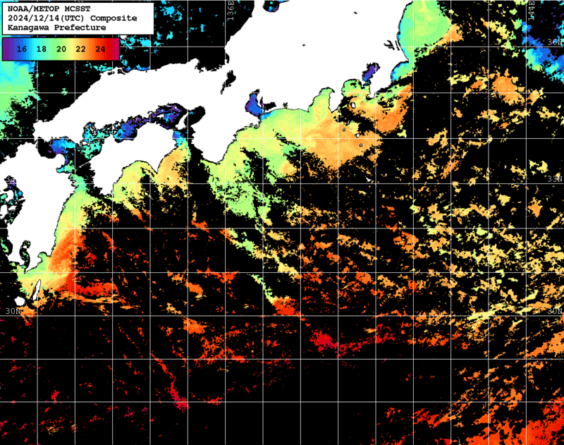NOAA、MetOp 人工衛星画像 検索結果, 水温分布を図示