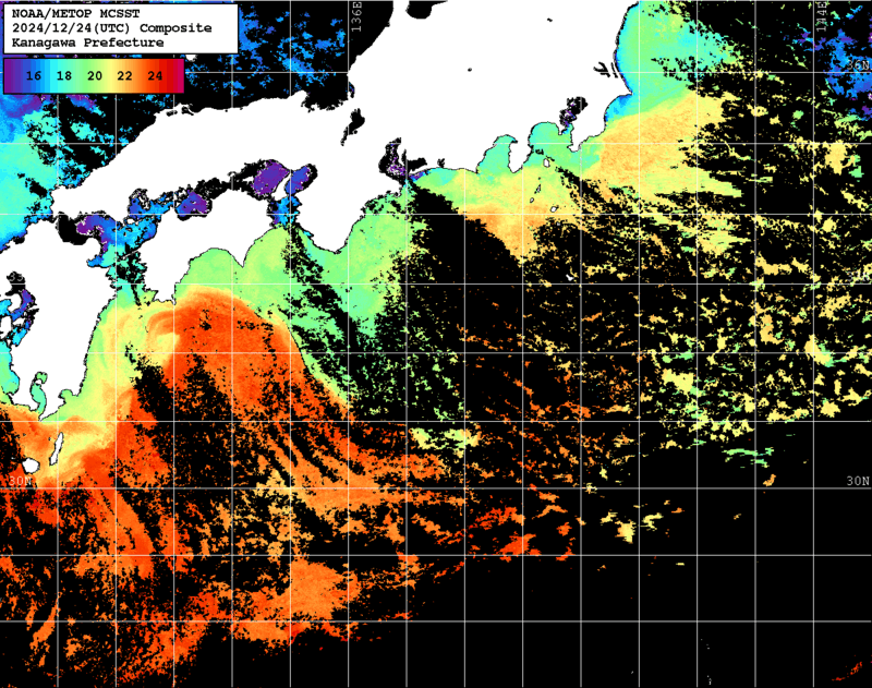 NOAA、MetOp 人工衛星画像 検索結果, 水温分布を図示
