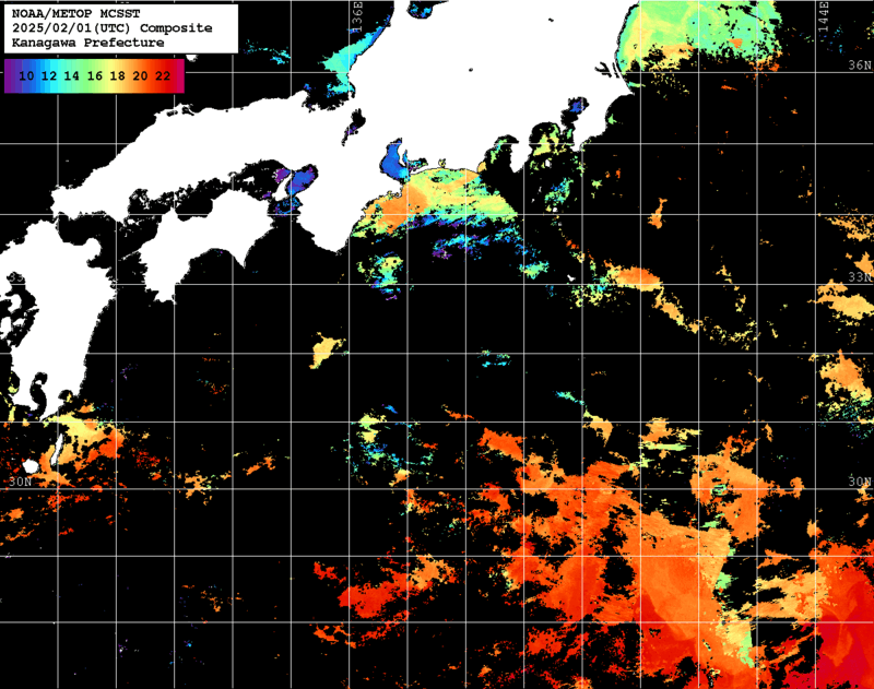NOAA、MetOp 人工衛星画像 検索結果, 水温分布を図示
