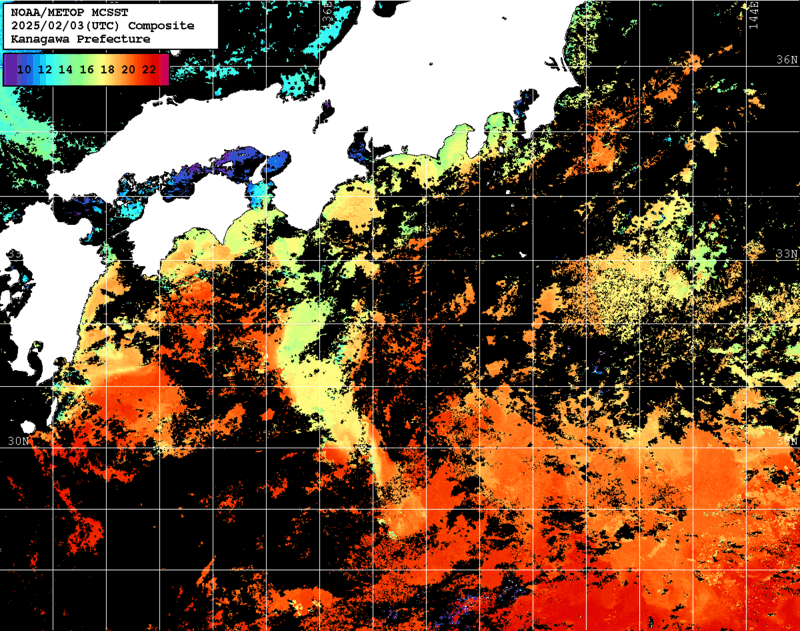 NOAA、MetOp 人工衛星画像 検索結果, 水温分布を図示
