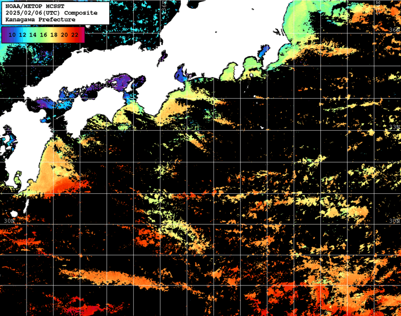NOAA、MetOp 人工衛星画像 検索結果, 水温分布を図示