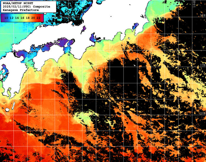 NOAA、MetOp 人工衛星画像 検索結果, 水温分布を図示