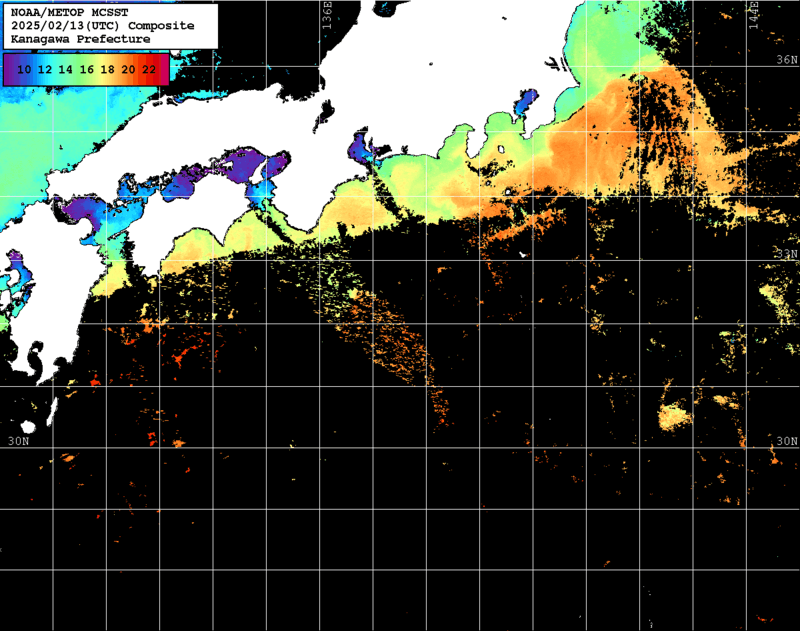 NOAA、MetOp 人工衛星画像 検索結果, 水温分布を図示