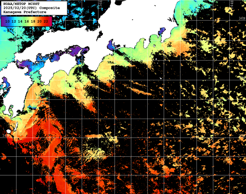 NOAA、MetOp 人工衛星画像 検索結果, 水温分布を図示