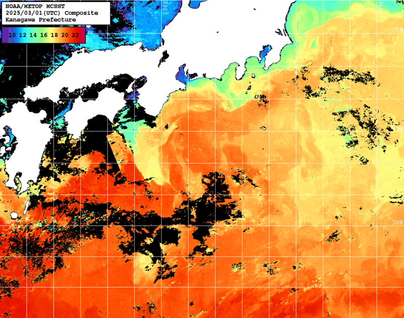 NOAA、MetOp 人工衛星画像 検索結果, 水温分布を図示