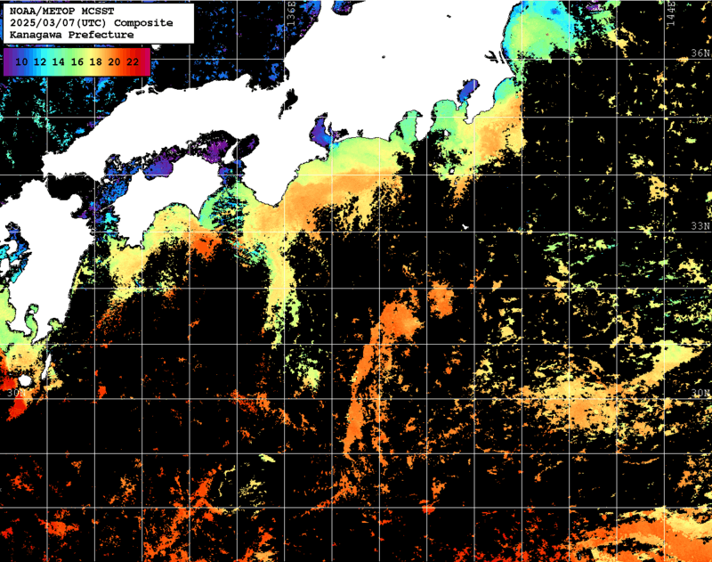 NOAA、MetOp 人工衛星画像 検索結果, 水温分布を図示