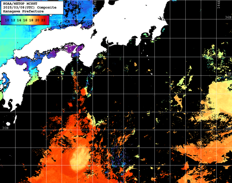 NOAA、MetOp 人工衛星画像 検索結果, 水温分布を図示
