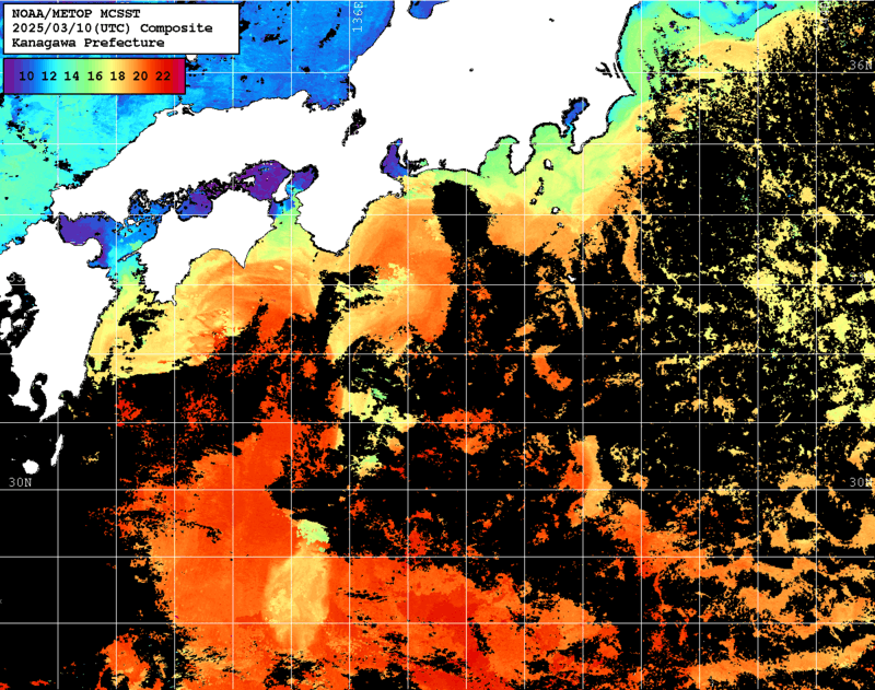 NOAA、MetOp 人工衛星画像 検索結果, 水温分布を図示