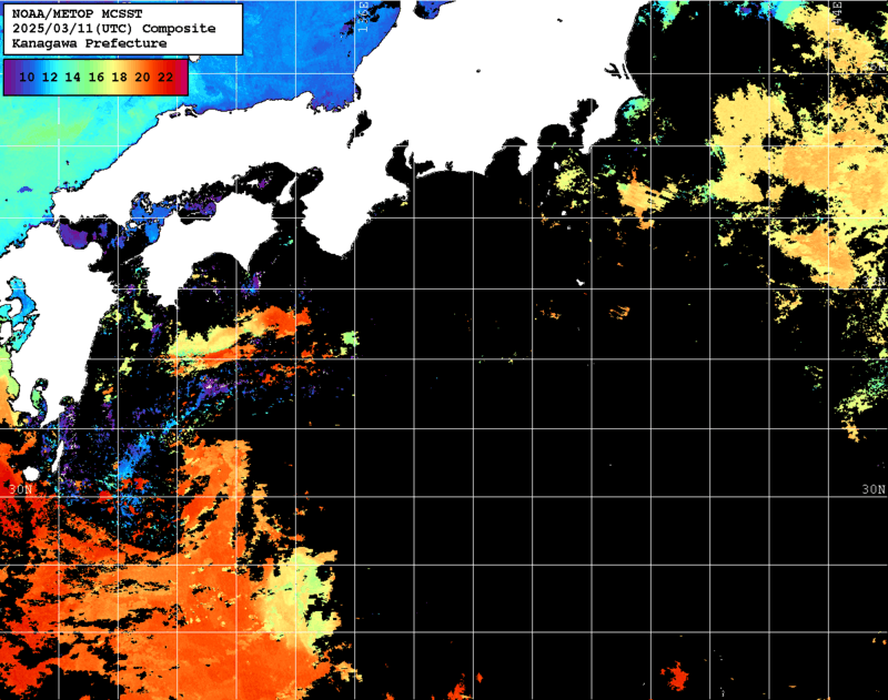 NOAA、MetOp 人工衛星画像 検索結果, 水温分布を図示