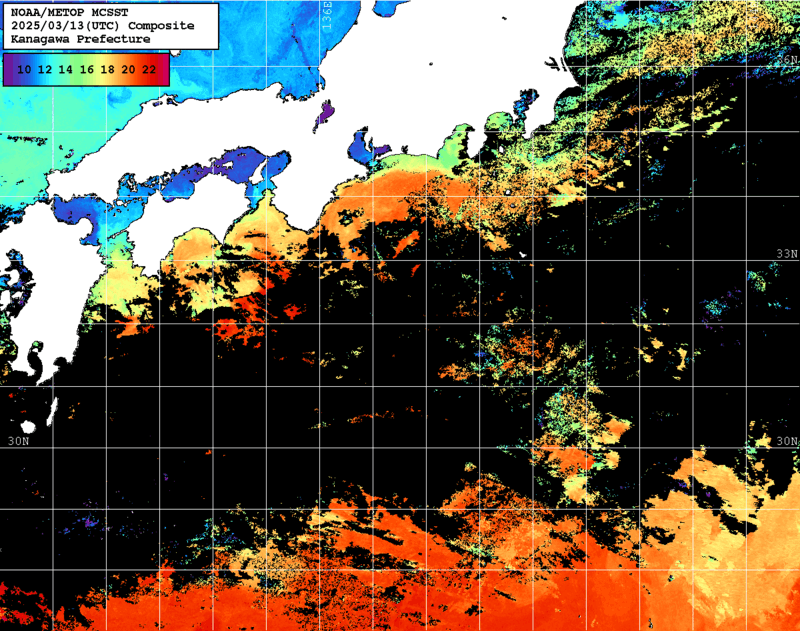 NOAA、MetOp 人工衛星画像 検索結果, 水温分布を図示
