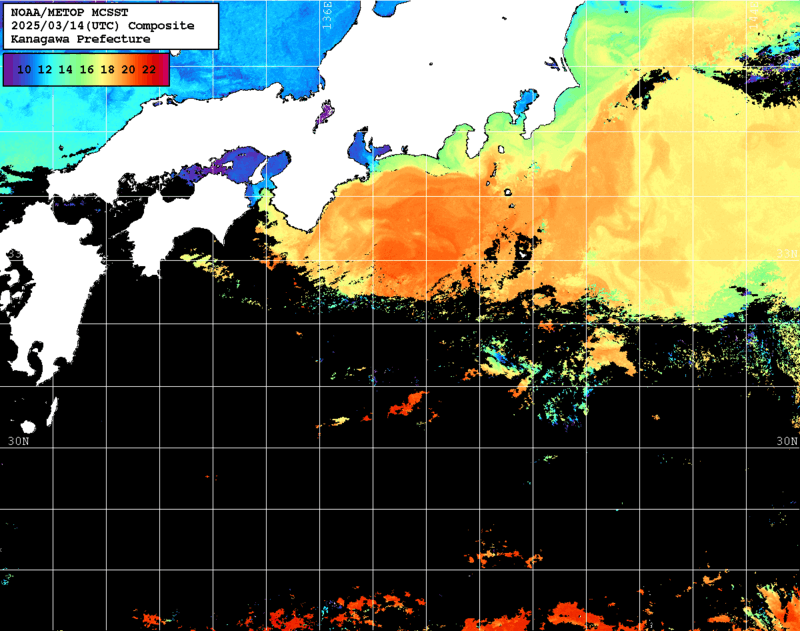 NOAA、MetOp 人工衛星画像 検索結果, 水温分布を図示
