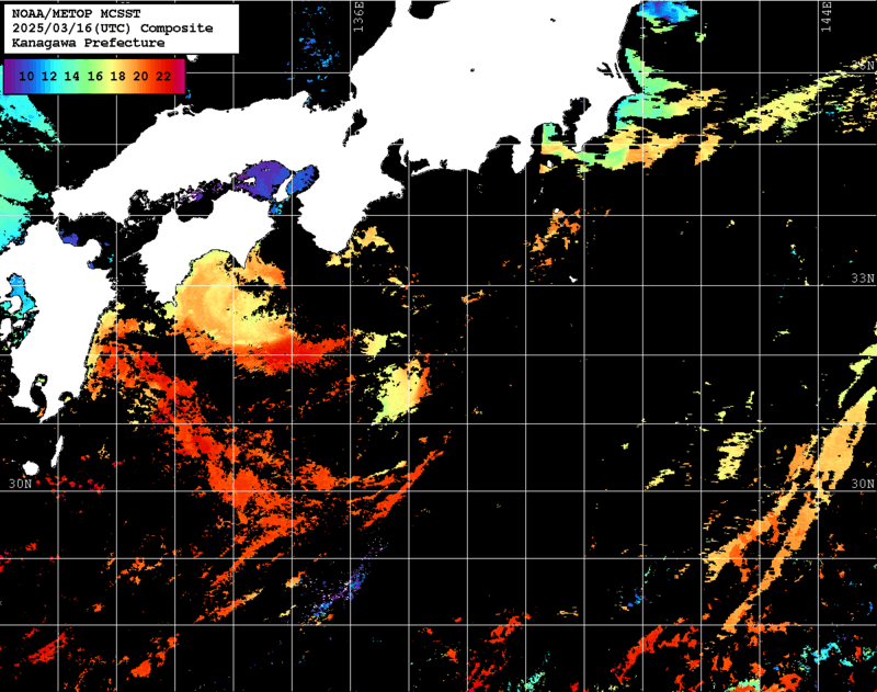 NOAA、MetOp 人工衛星画像 検索結果, 水温分布を図示