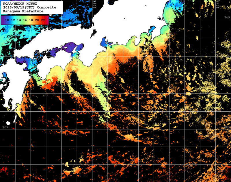 NOAA、MetOp 人工衛星画像 検索結果, 水温分布を図示