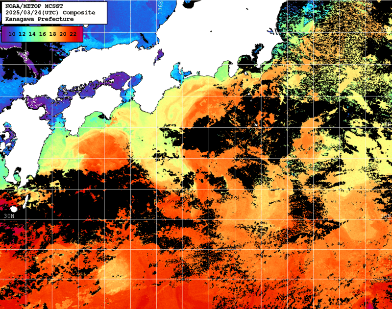 NOAA、MetOp 人工衛星画像 検索結果, 水温分布を図示