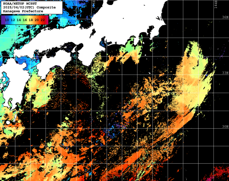 NOAA、MetOp 人工衛星画像 検索結果, 水温分布を図示