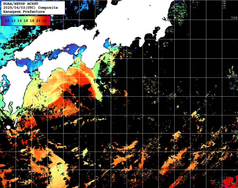 NOAA、MetOp 人工衛星画像 検索結果, 水温分布を図示