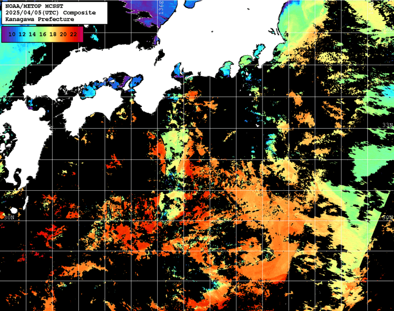 NOAA、MetOp 人工衛星画像 検索結果, 水温分布を図示