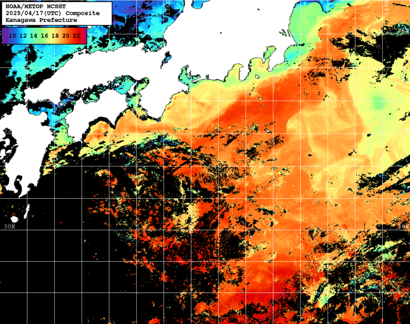 NOAA、MetOp 人工衛星画像 検索結果, 水温分布を図示