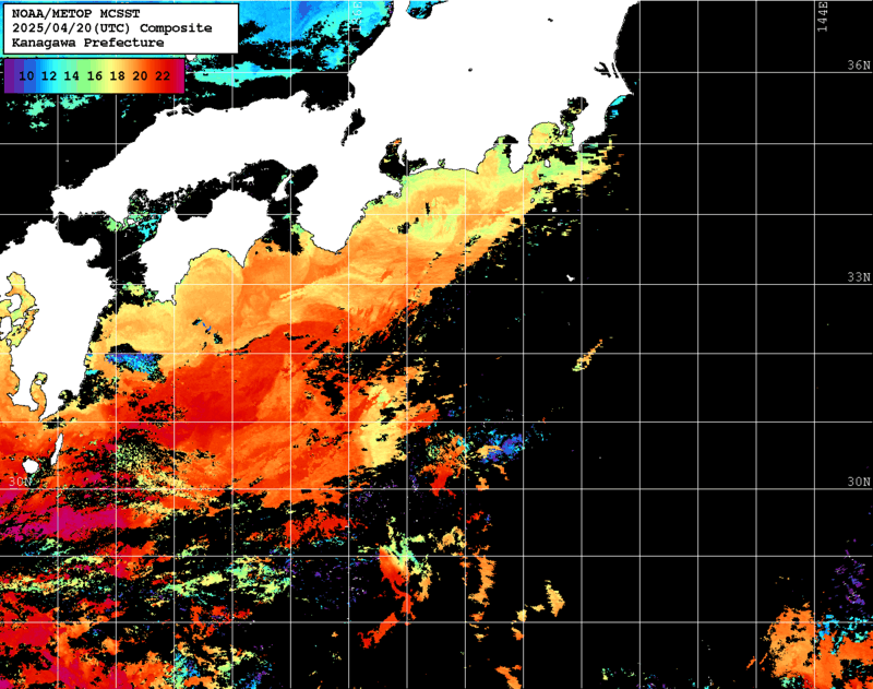 NOAA、MetOp 人工衛星画像 検索結果, 水温分布を図示