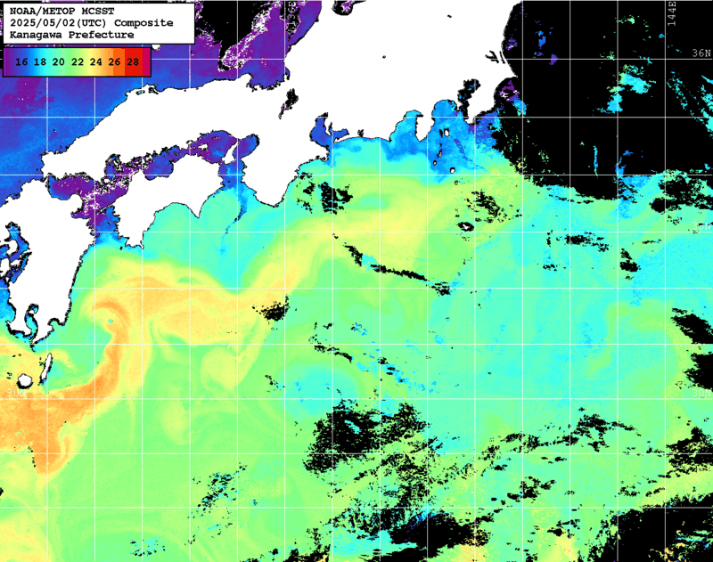 NOAA、MetOp 人工衛星画像 検索結果, 水温分布を図示