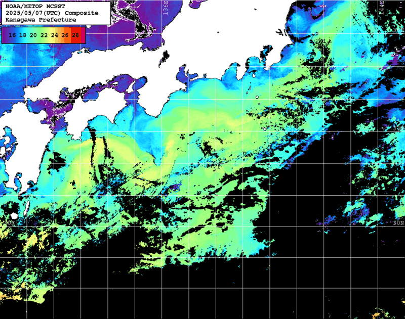 NOAA、MetOp 人工衛星画像 検索結果, 水温分布を図示