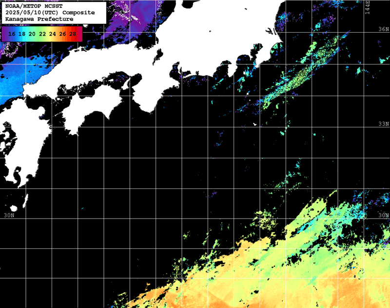 NOAA、MetOp 人工衛星画像 検索結果, 水温分布を図示
