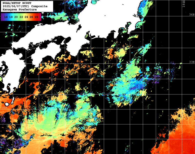 NOAA、MetOp 人工衛星画像 検索結果, 水温分布を図示